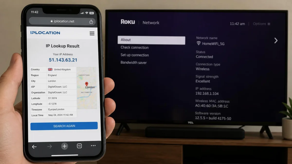 A smartphone browser showing an IP-lookup result with a location in London, United Kingdom, while connected to the same Wi-Fi network as a Roku.
