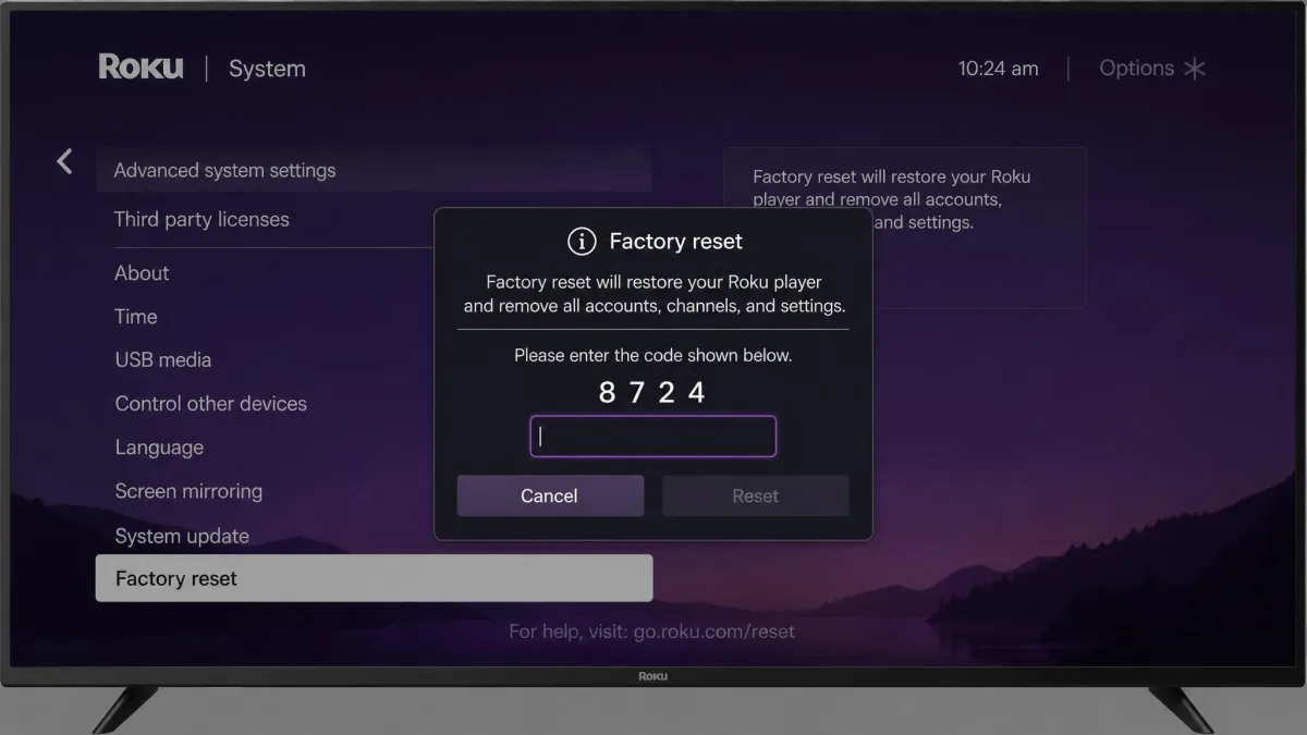 The Roku Advanced system settings menu on a TV with Factory reset highlighted and a confirmation prompt asking for a code before the reset begins.