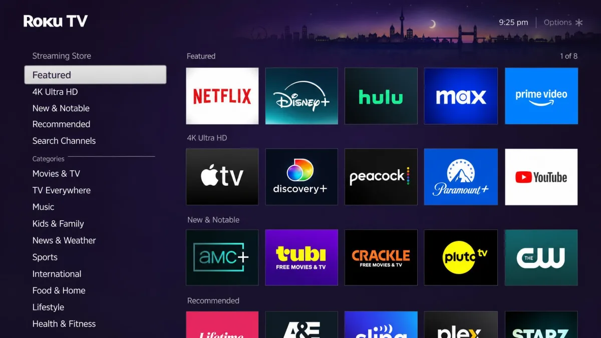 A Roku TV home screen with the Streaming Store open, showing app categories and no VPN category in the list.