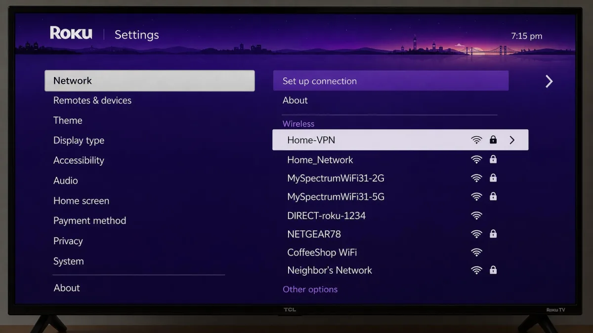 A Roku Settings screen on a TV showing Network, Set up connection and Wireless options, with a list of nearby Wi-Fi networks including one named Home-VPN.
