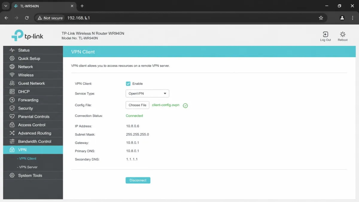 A home router's admin panel in a web browser showing the VPN client tab, with an OpenVPN config file uploaded and the connection status reading Connected.