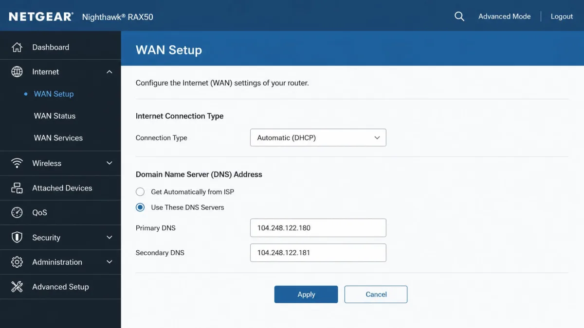 A router's WAN settings page with automatic DNS turned off and two Smart DNS server addresses entered in the primary and secondary DNS fields.