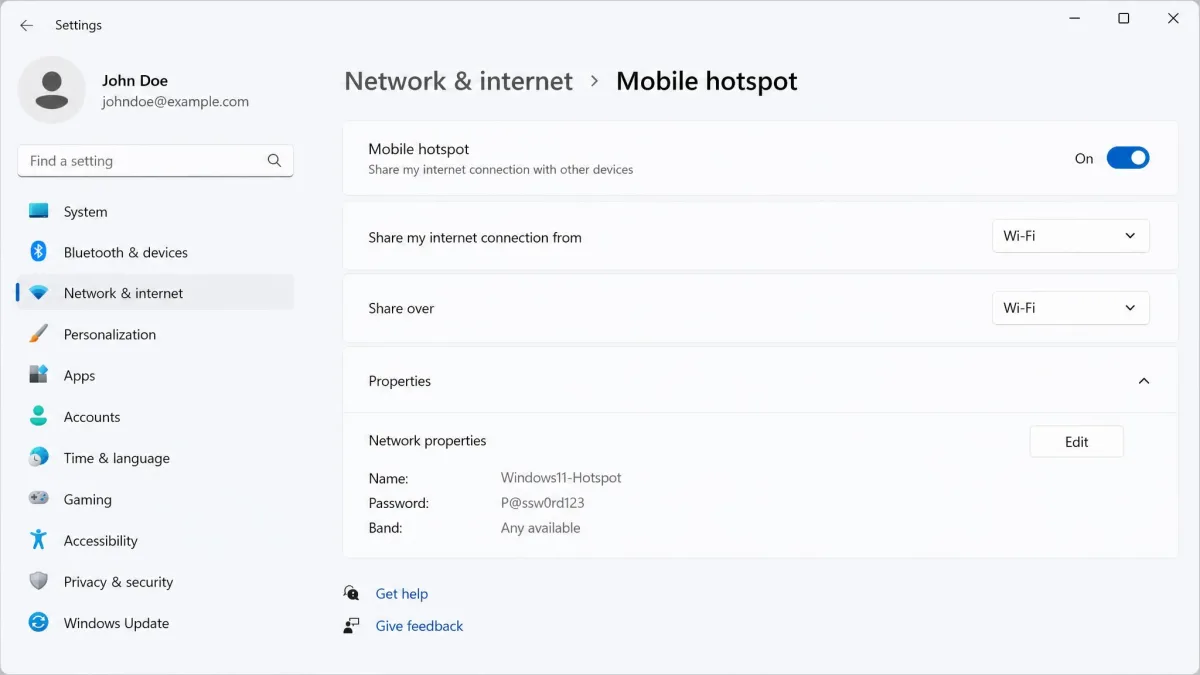 The Windows 11 Mobile hotspot settings page with Share my internet connection from set to Wi-Fi, Share over set to Wi-Fi and the Mobile hotspot toggle switched on.