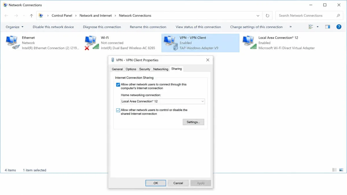The Windows Network Connections window with a VPN TAP adapter's Properties open on the Sharing tab, the Allow other network users box ticked and Local Area Connection* 12 selected.