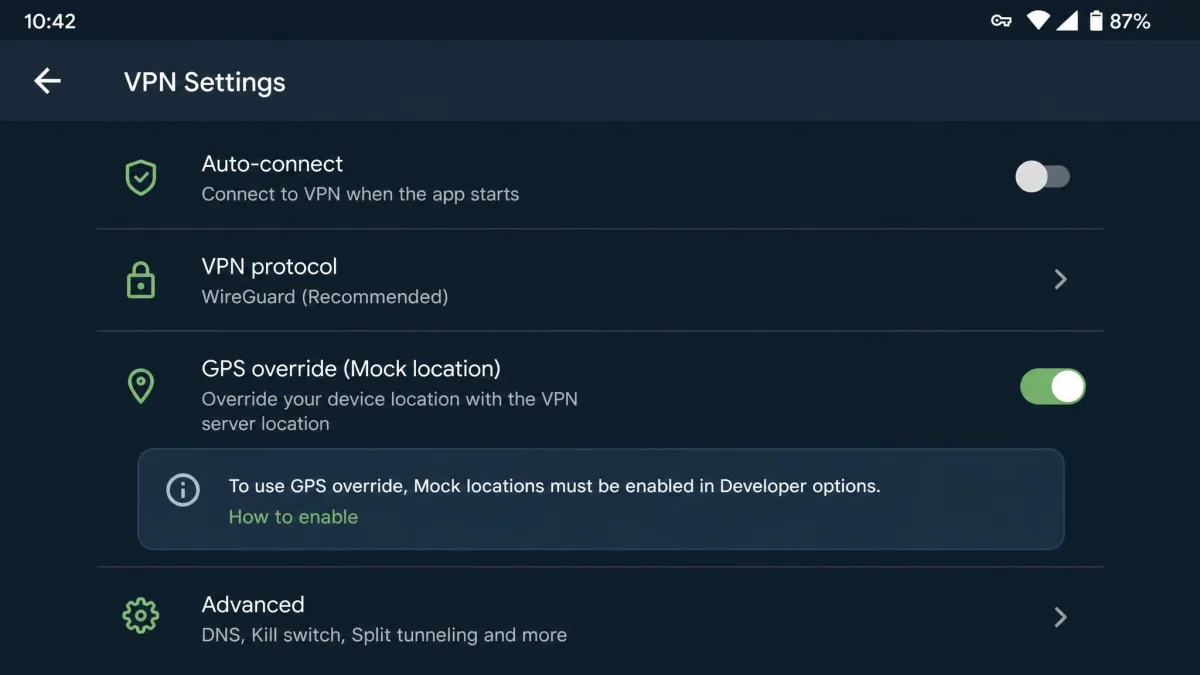 An Android VPN app settings screen showing a GPS override toggle switched on, with a note that mock locations must be enabled in Developer options.