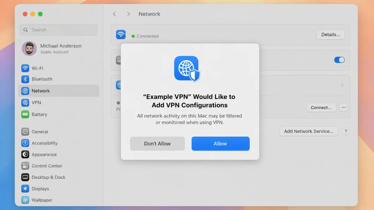 A macOS system settings prompt asking the user to allow a VPN configuration, with the Allow button highlighted.