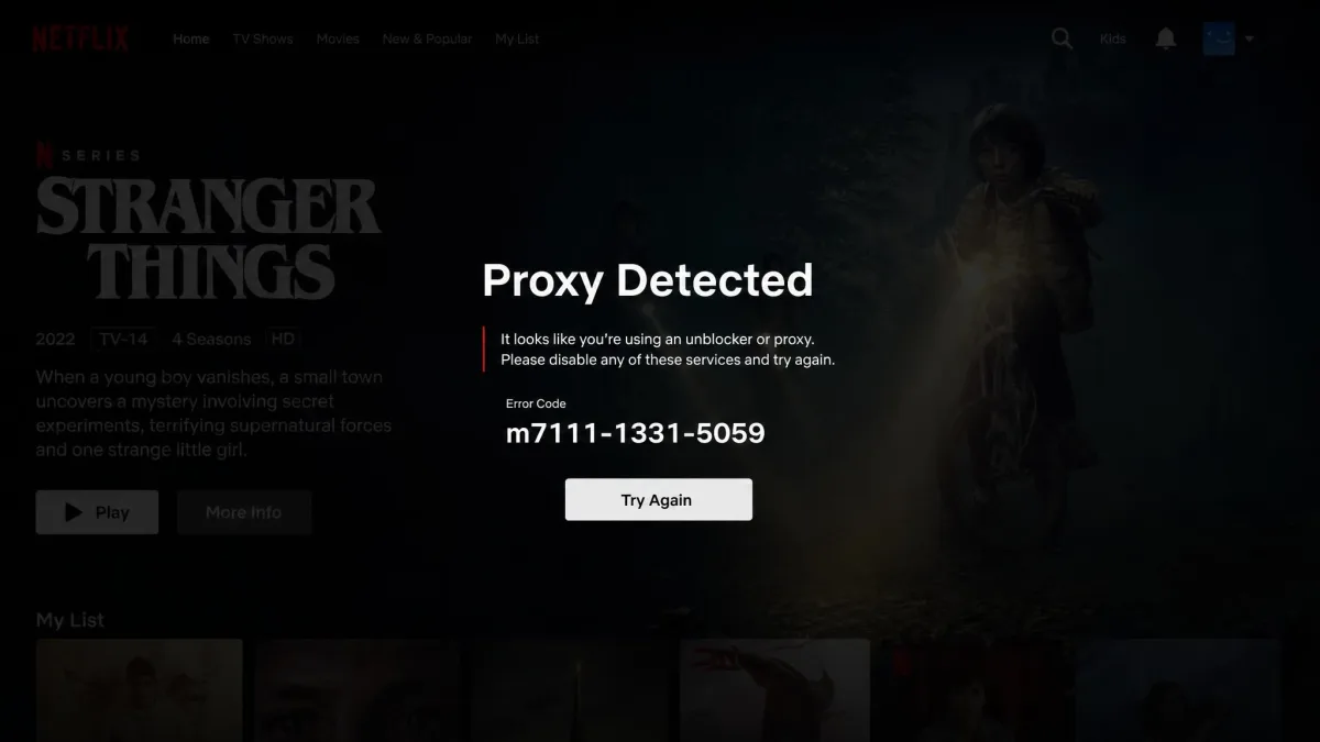 A Netflix screen displaying the proxy detection error code m7111-1331-5059 over a dimmed show background.
