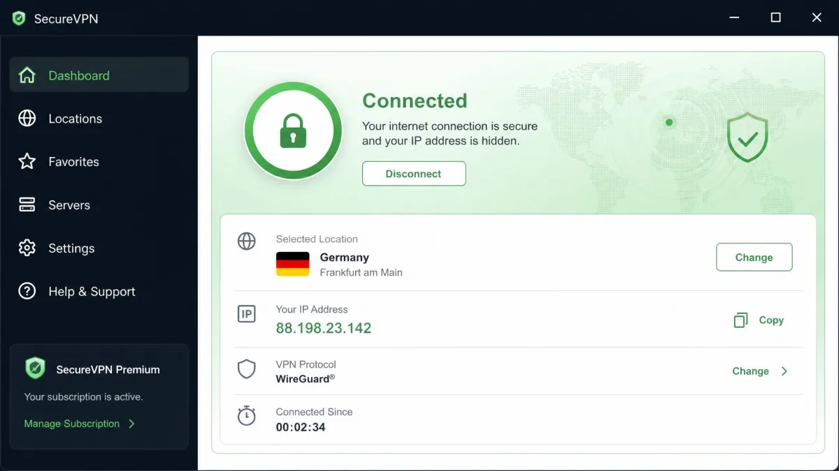 A VPN desktop app showing a green connected status with a server in Germany selected, the assigned German IP address displayed in the connection panel.