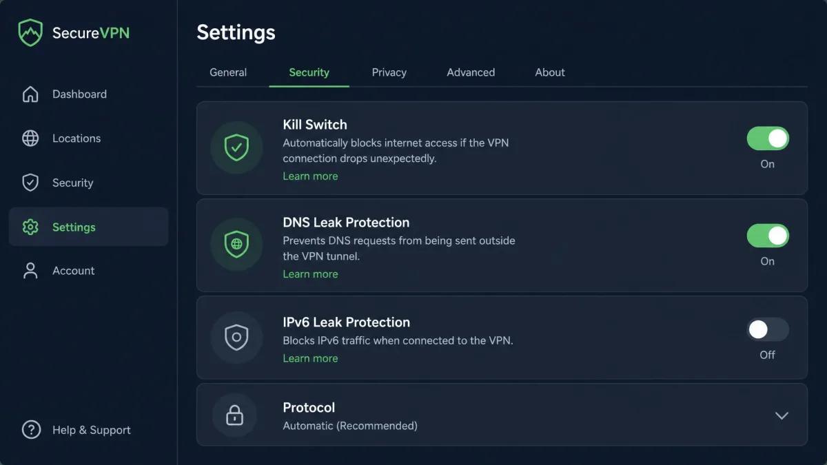 A VPN app settings screen with the kill switch and DNS leak protection toggles switched on.