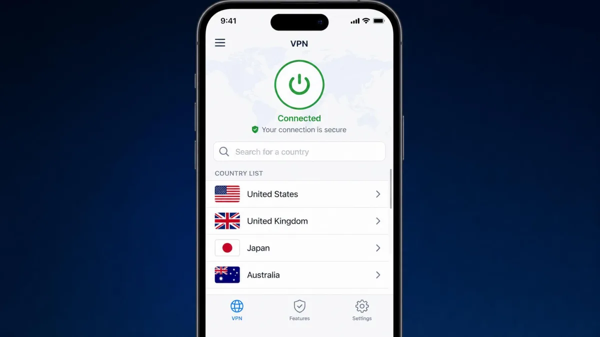 A smartphone VPN app displaying a scrollable country list with search box, showing flags for the United States, United Kingdom, Japan, and Australia.