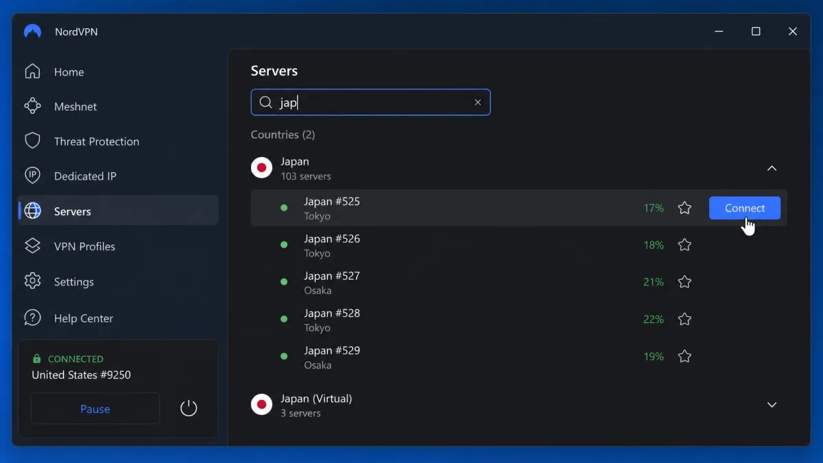 A VPN app server list open with the search box typed to filter countries, the cursor hovering over a server in Japan ready to connect.
