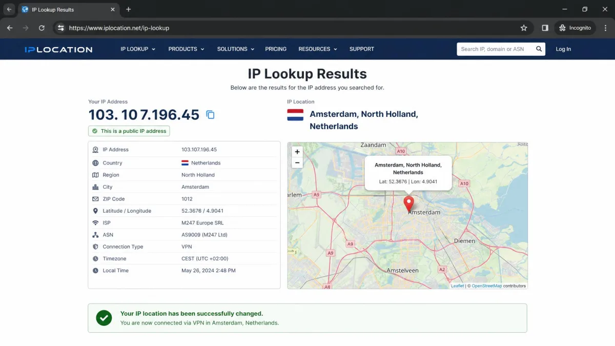 A browser showing an IP-lookup results page with a public IP geolocated to Amsterdam, Netherlands, confirming the VPN location change worked.