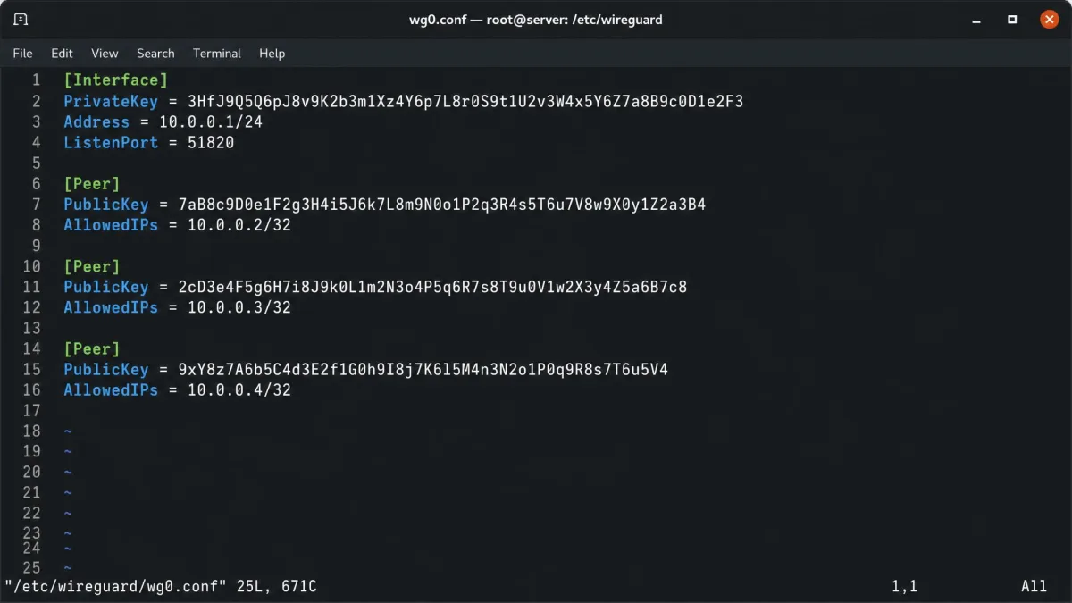 Server wg0.conf file open in an editor showing three separate Peer blocks, each with a distinct PublicKey and an AllowedIPs entry ending in slash 32, representing three connected client devices.
