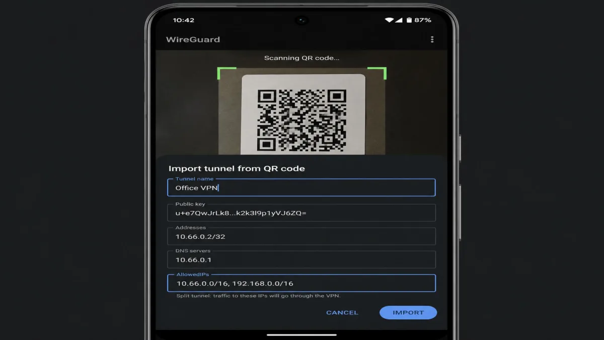 Android phone screen showing the WireGuard app scanning a QR code, with a new tunnel about to be imported and the split-tunnel AllowedIPs field visible.