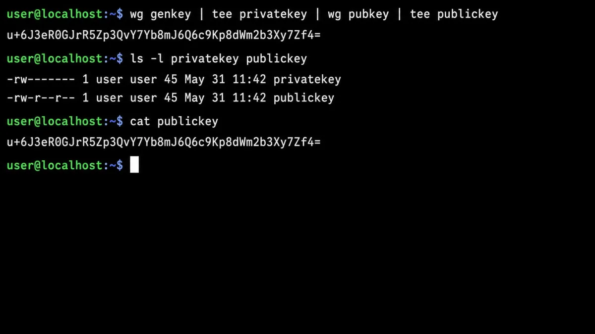 Linux terminal showing the wg genkey piped through wg pubkey command creating a privatekey and publickey file, with the resulting public key string displayed.
