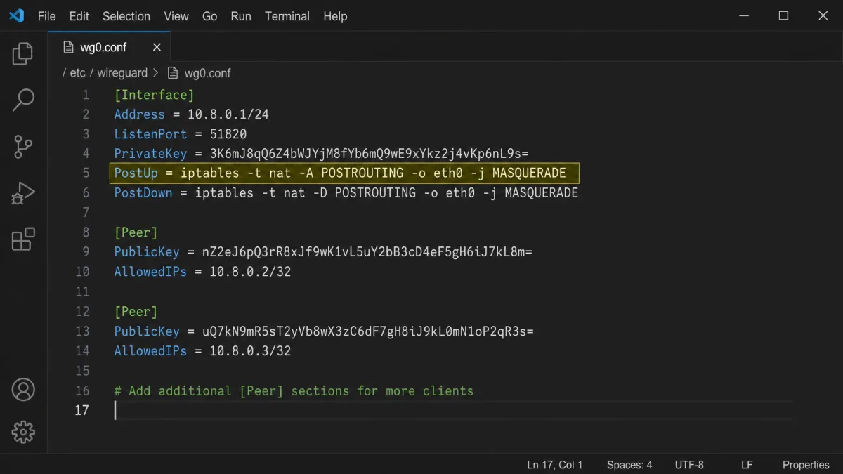 Text editor showing a complete WireGuard wg0.conf server file with the Interface section address, listen port, private key, and PostUp iptables masquerade rule highlighted.