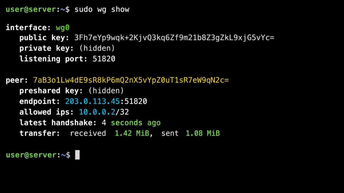 Terminal output of sudo wg show listing a peer with a latest handshake of a few seconds ago and transfer counters showing received and sent bytes climbing.