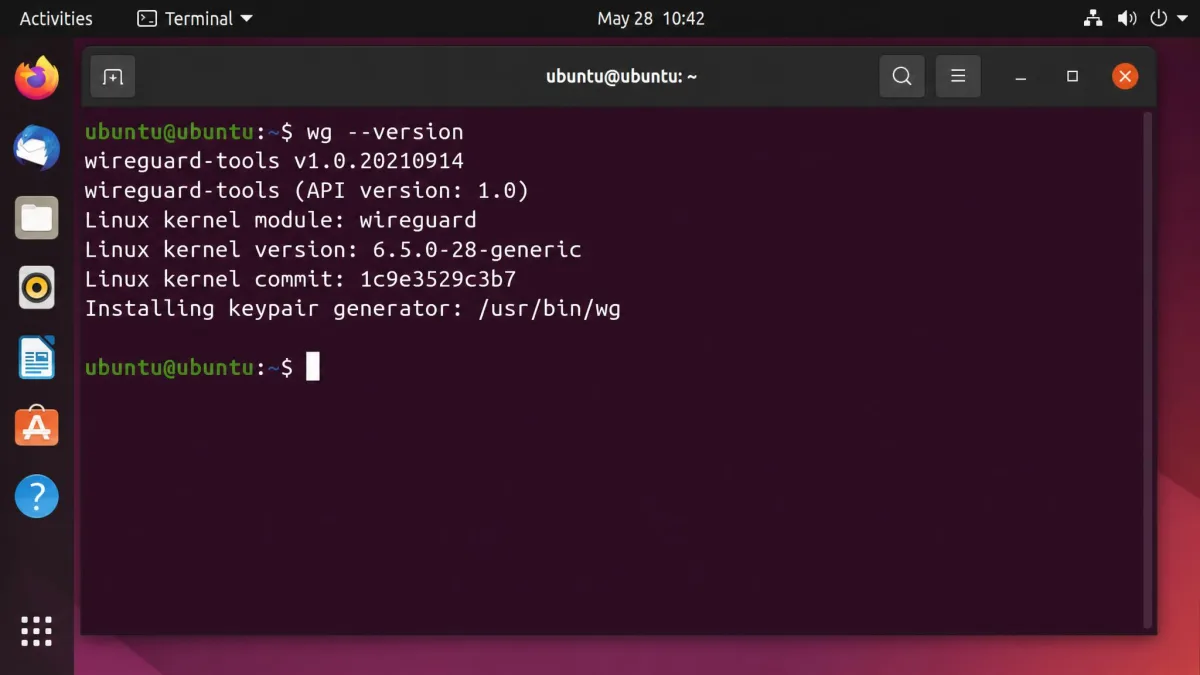 Ubuntu terminal showing the output of the wg --version command confirming the installed WireGuard tools version and kernel module availability.