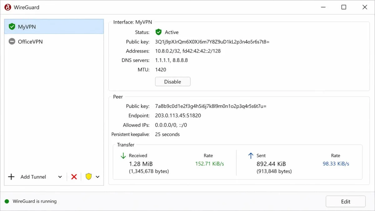WireGuard Windows client window showing an active tunnel with a green status indicator, the peer endpoint address, and live transfer statistics counting up.