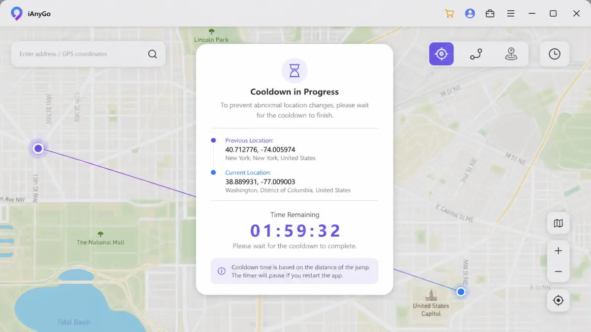 iAnyGo's built-in cooldown timer panel counting down after a long-distance jump, with the previous and current coordinates listed above the remaining wait time.