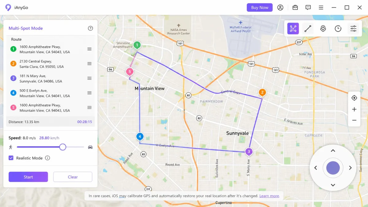 iAnyGo's multi-spot route mode with five numbered waypoints plotted along a city street, the speed slider set partway along its range, and the on-screen joystick control visible in the corner.