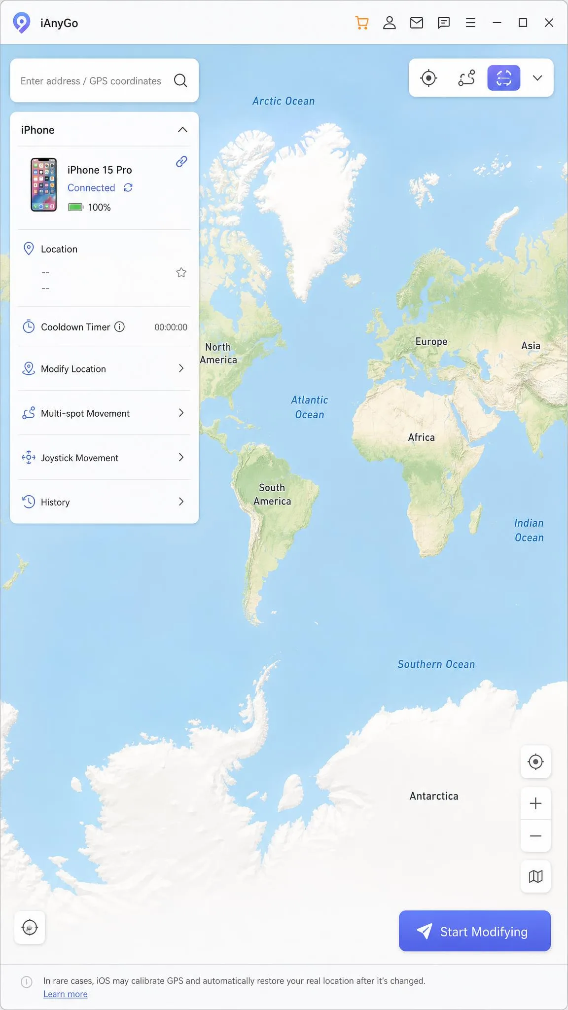 The iAnyGo desktop app on Windows showing the world map view with a search box in the top left, a connected iPhone listed in the sidebar, and the blue Start Modifying button in the lower right corner.