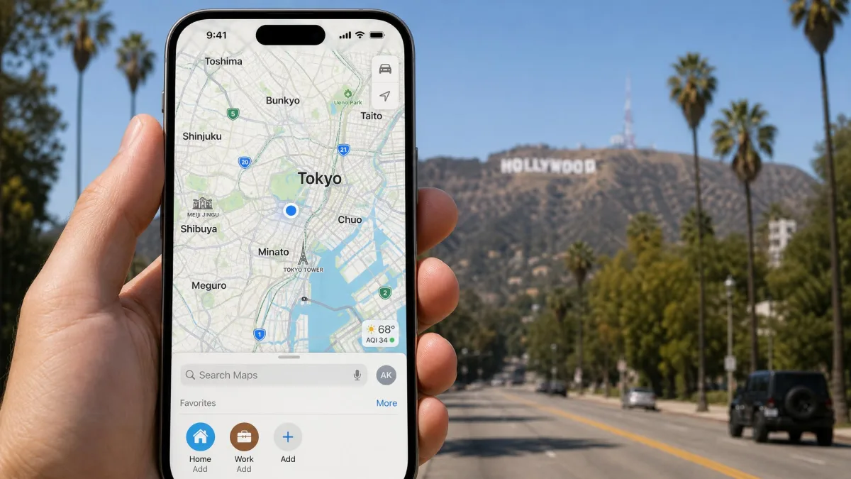 The Apple Maps app showing the blue location dot placed in central Tokyo while the phone is physically in Los Angeles, confirming the spoof at system level.