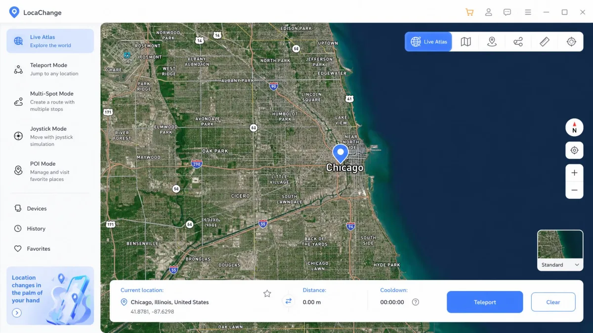 LocaChange's desktop map view with a location pin dropped on a city and the teleport controls ready, showing the Live Atlas map and mode buttons.
