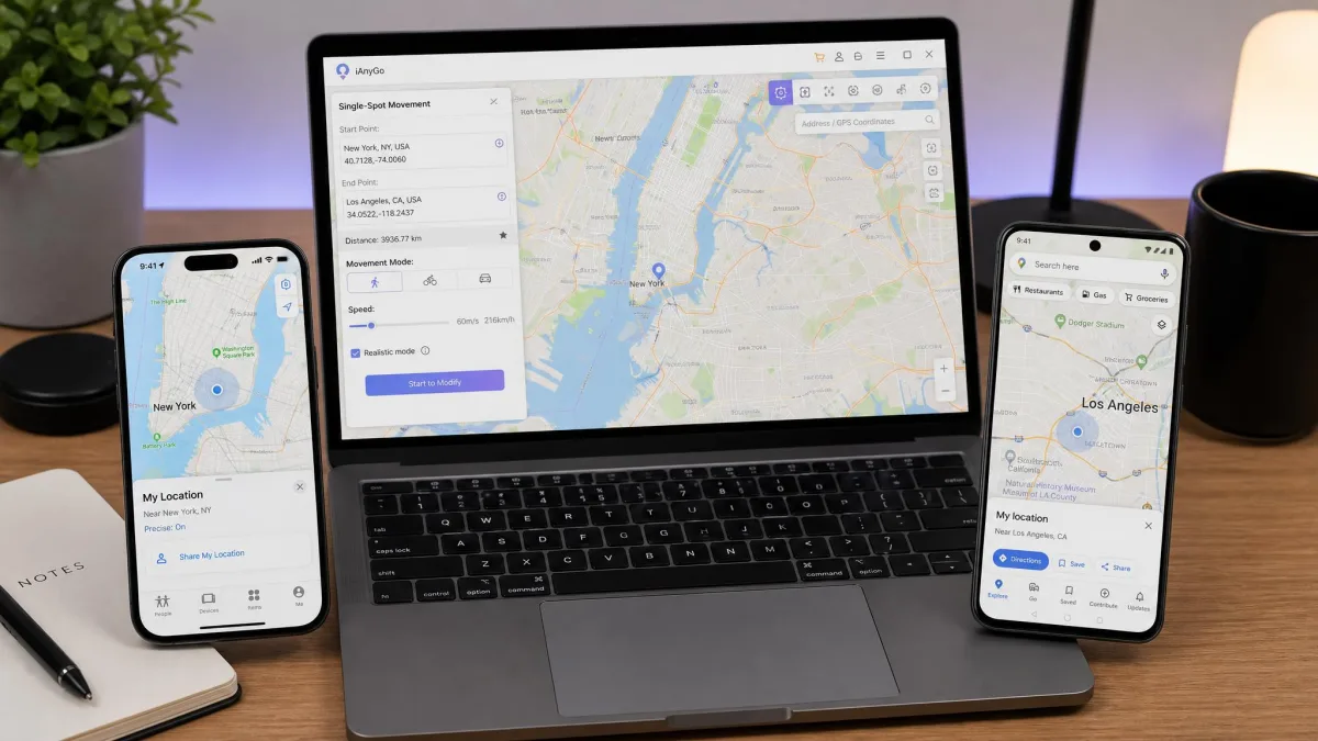iPhone and Android phone side by side on a desk beside a laptop showing a city map, the typical setup for testing a location changer.