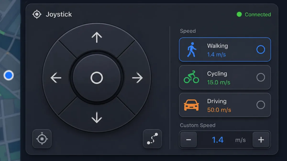 Close-up of a GPS joystick control panel on a location spoofing app with a circular directional pad and speed preset buttons for walking, cycling, and driving.