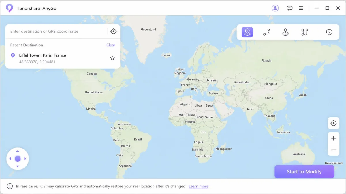 Tenorshare iAnyGo desktop window showing a world map with a destination search field and a Start to Modify button.