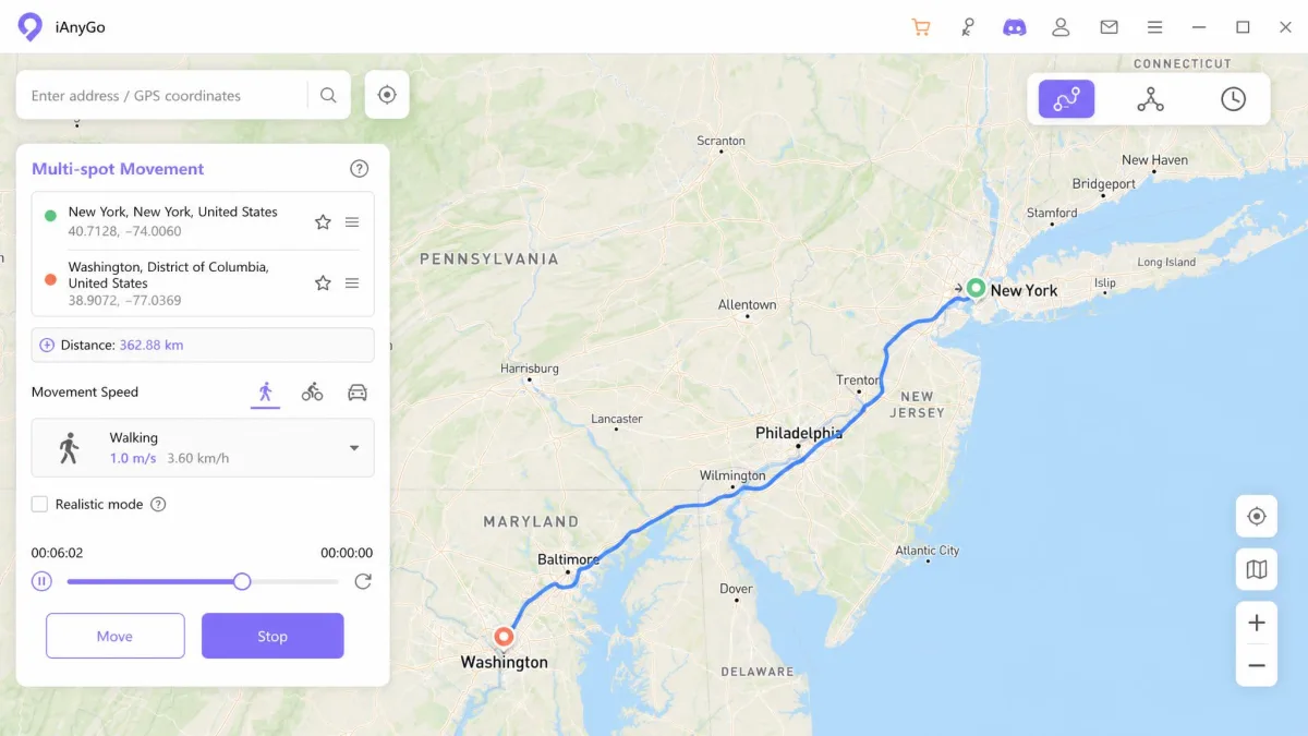 iAnyGo map view with a blue route line between two cities and a movement speed selector set to a walking preset.