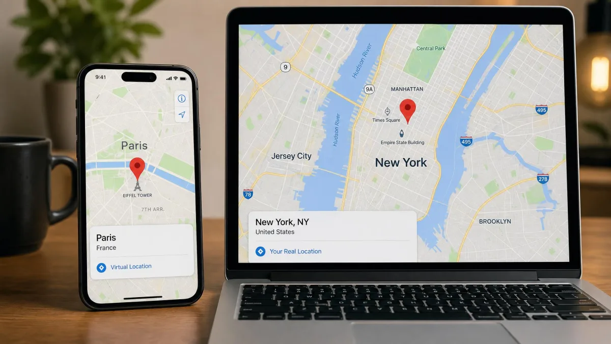 A smartphone beside a laptop, with the phone screen showing a map pin in a different city than the laptop's map, illustrating a virtual location.