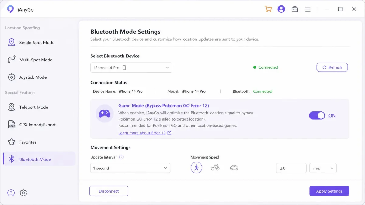 The iAnyGo desktop client's Bluetooth mode settings panel showing the Game Mode toggle that bypasses Pokémon GO Error 12.