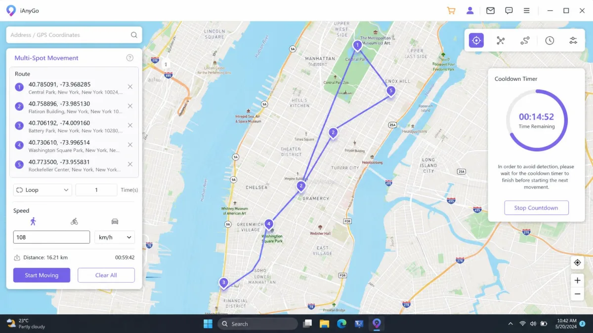 The iAnyGo desktop client on Windows with a five-point walking route drawn across a city map, a speed preset set to 108 km/h, and the cooldown timer panel visible at the side.