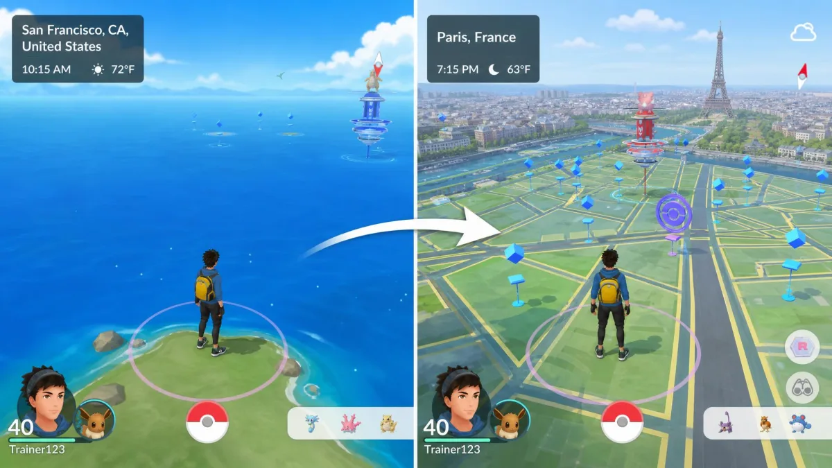 A Pokémon GO game map with a trainer's location marker moved across an ocean to a distant city, illustrating how GPS spoofing tools change where the game thinks you are.
