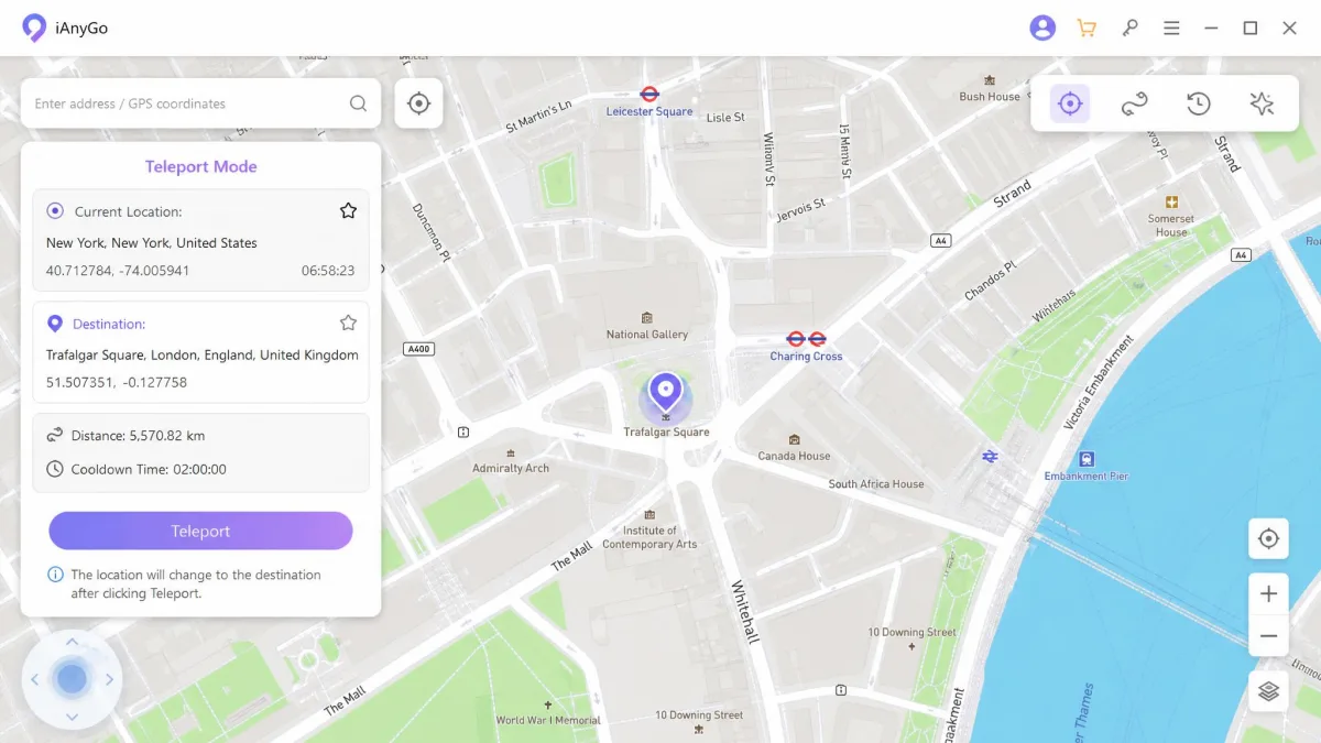 iAnyGo desktop app map view showing a spoofed location pin over a city center with the teleport confirmation panel open.