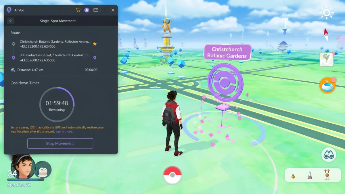Pokemon GO overworld with the player avatar standing at a spoofed Pokestop while the location changer shows the cooldown timer counting down.