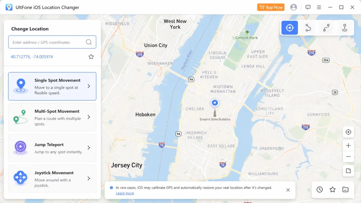 UltFone iOS Location Changer main screen with a map, a coordinate search box, and the mode buttons for single spot, multi spot, jump teleport and joystick.