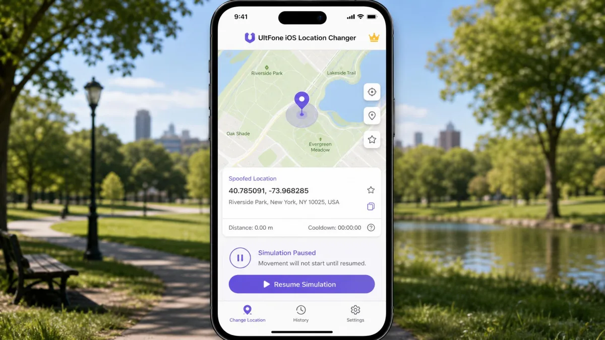 UltFone's iOS app running standalone with no computer connected, showing a spoofed pin over a park with the simulation paused.