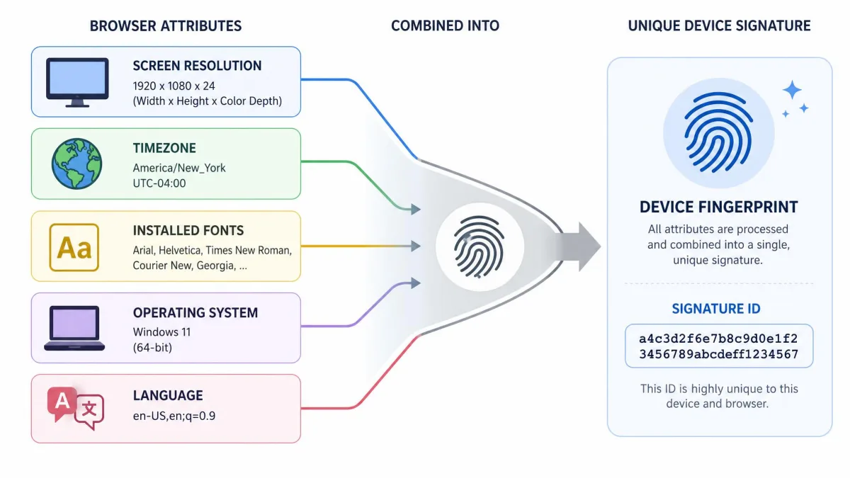 Illustration of browser fingerprinting attributes such as screen resolution, timezone, installed fonts, operating system, and language combining into a single unique device signature.