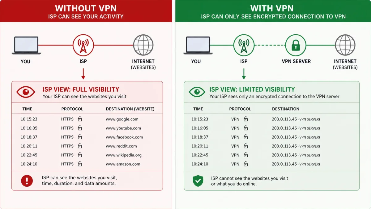 Split comparison showing an ISP's view of a user's traffic without a VPN, listing visited websites, versus with a VPN, showing only an encrypted connection to a VPN server.