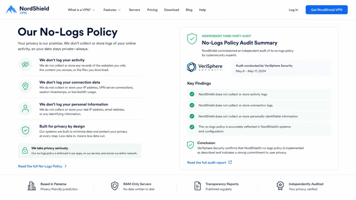 A VPN provider's no-logs policy page displayed alongside a summary of an independent third-party security audit confirming the no-logs claim.