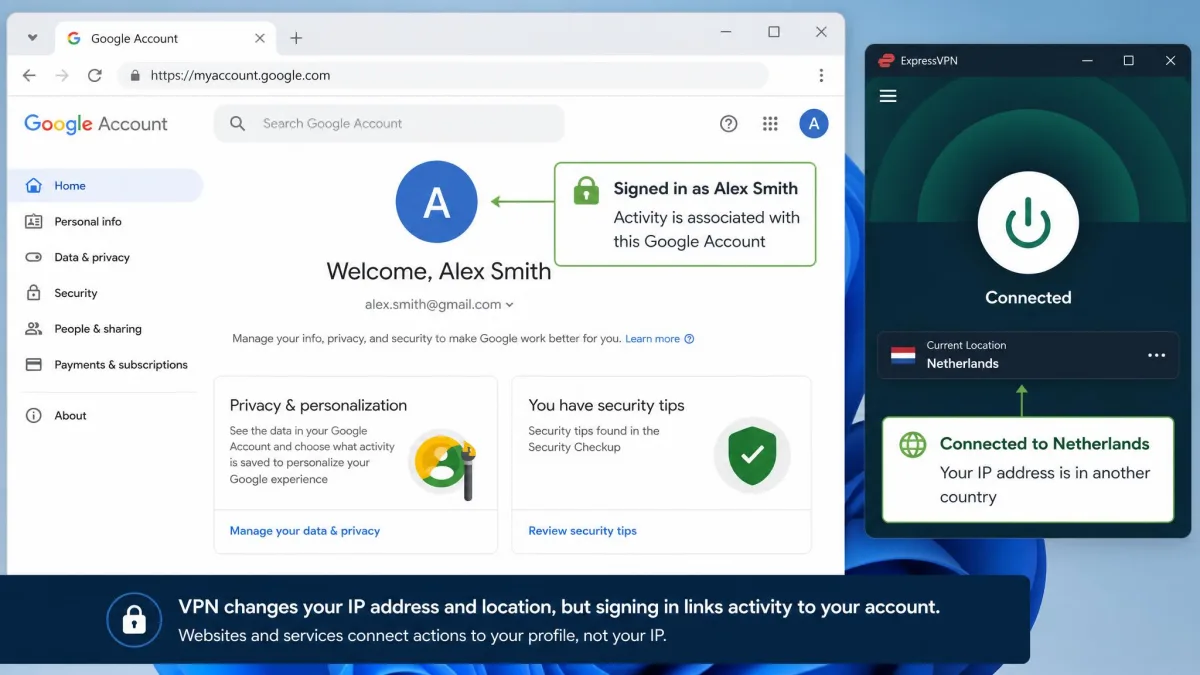 A user signed into a Google account in a browser while a VPN app shows a connected server in another country, illustrating that account login links activity to the profile regardless of VPN location.