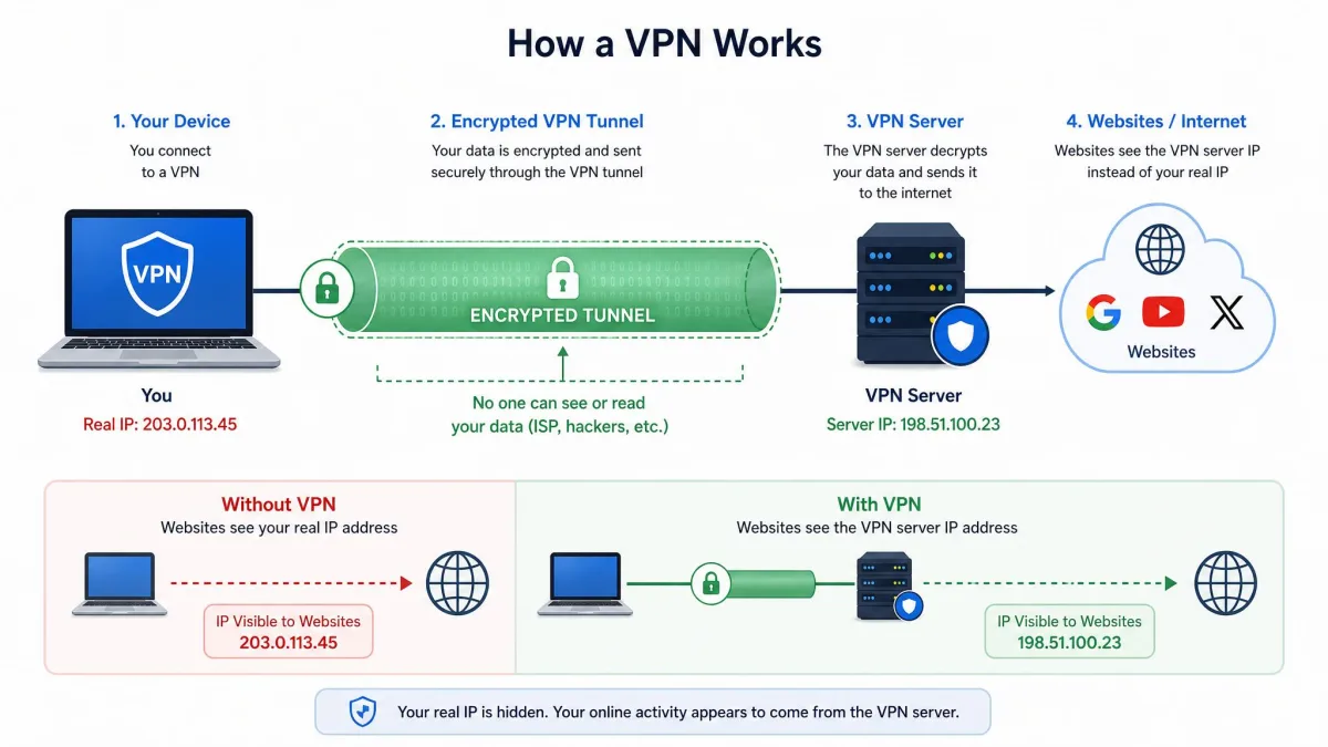 Diagram showing a laptop connecting through an encrypted VPN tunnel to a VPN server, which then reaches websites, with the user's real IP hidden and replaced by the server IP.