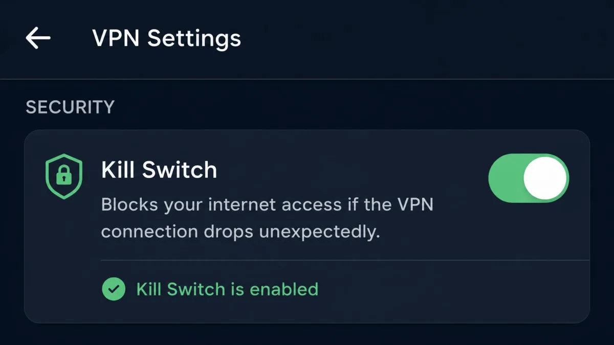 Close-up of a VPN app settings screen with the kill switch toggle enabled, showing a description that internet access is blocked if the VPN connection drops.