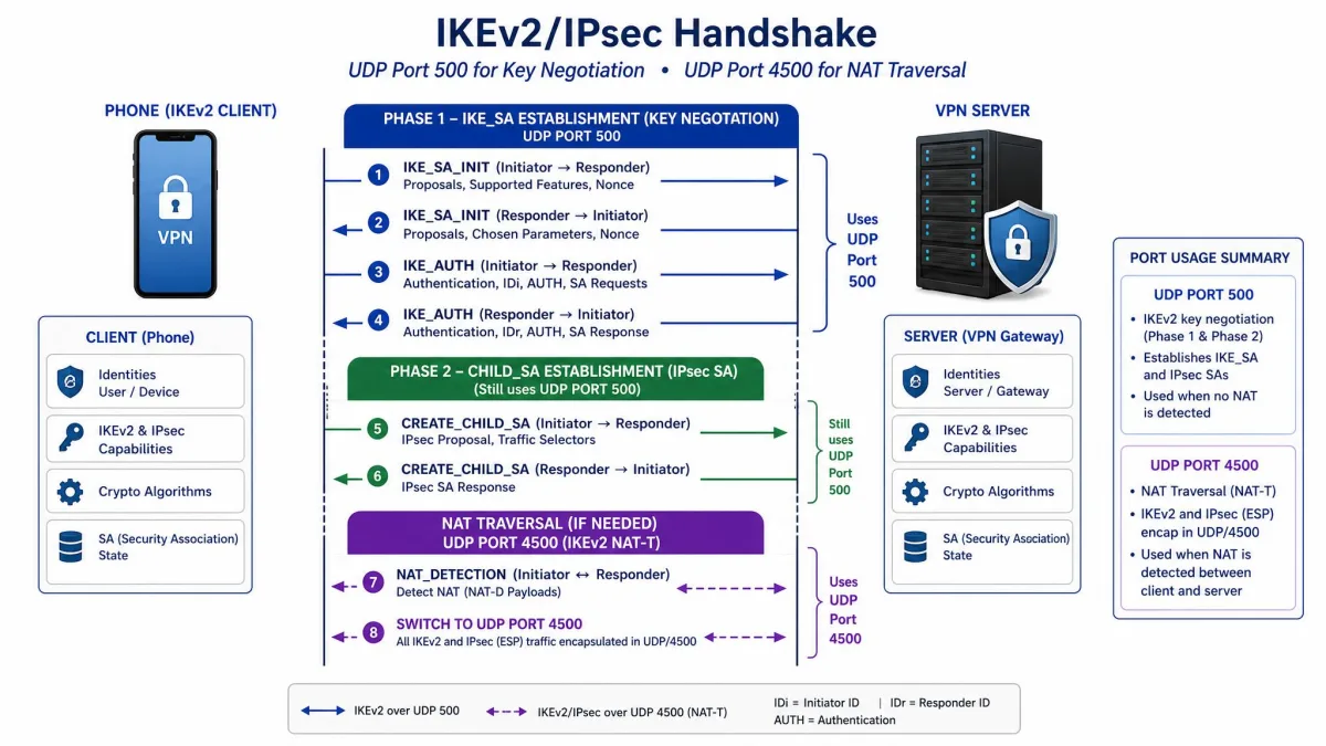 A labeled diagram showing the IKEv2/IPsec handshake, with UDP port 500 handling key negotiation and UDP port 4500 handling NAT traversal between a phone and a VPN server.