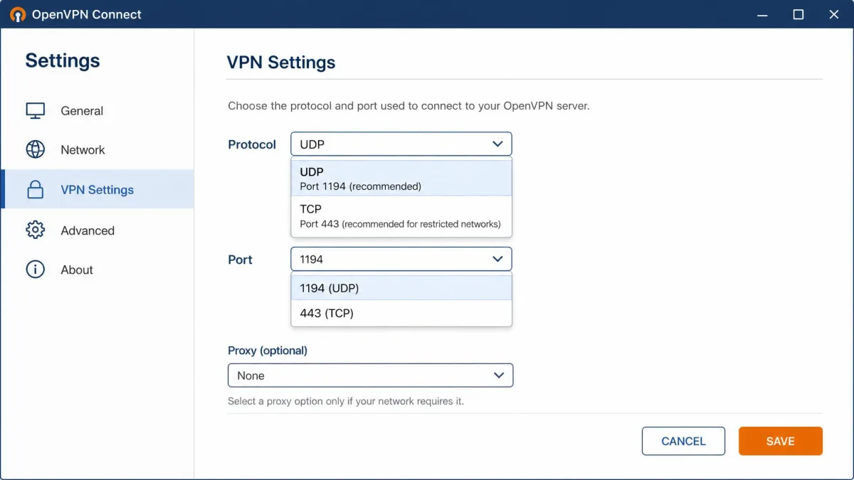 An OpenVPN client settings screen showing the choice between UDP port 1194 and TCP port 443, with the protocol and port dropdown menus visible.