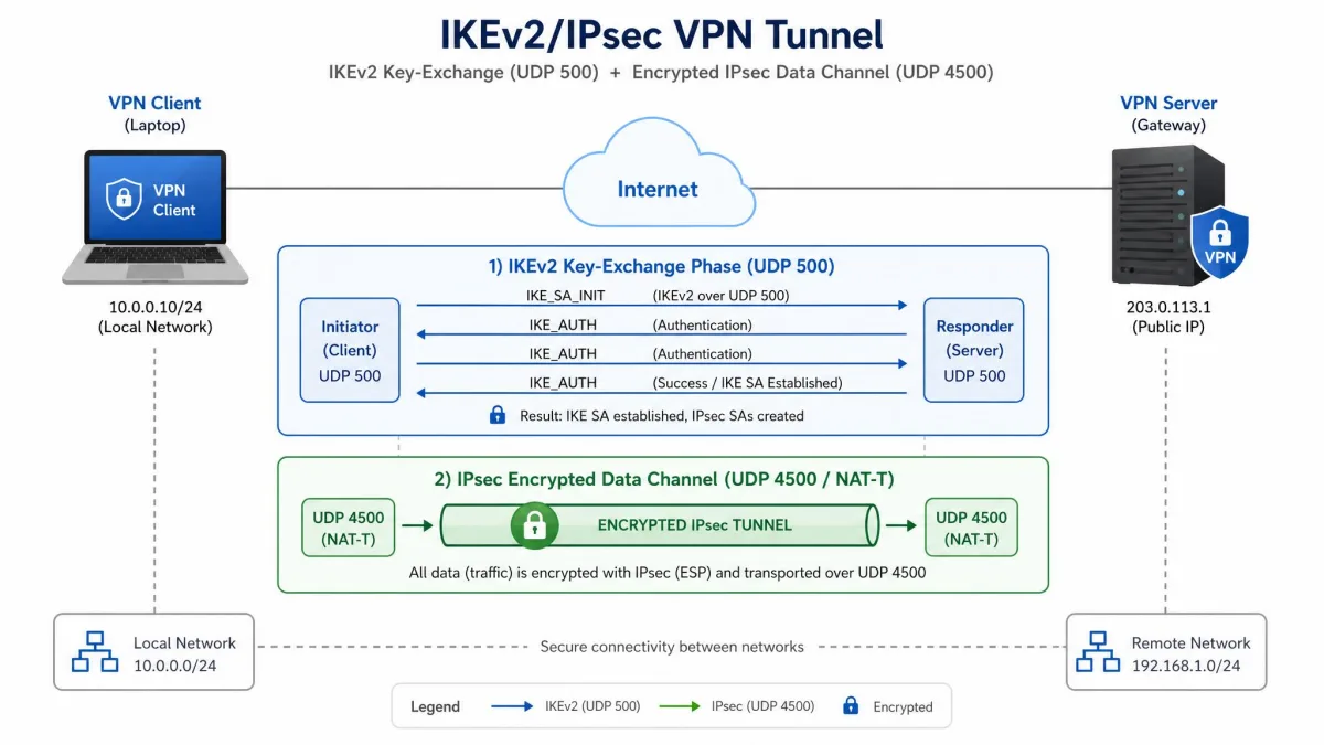 Diagram of an IKEv2/IPsec VPN tunnel showing the IKEv2 key-exchange phase over UDP 500 and the encrypted IPsec data channel over UDP 4500 between a laptop and a VPN server.