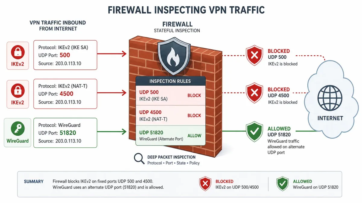 An illustration of a firewall inspecting VPN traffic, blocking IKEv2 on fixed UDP ports 500 and 4500 while WireGuard shifts to an alternate UDP port.